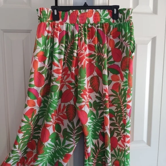 Rose & Olive Wide Leg Tropical Print Elastic Waist Pants 1X - Picture 3 of 11